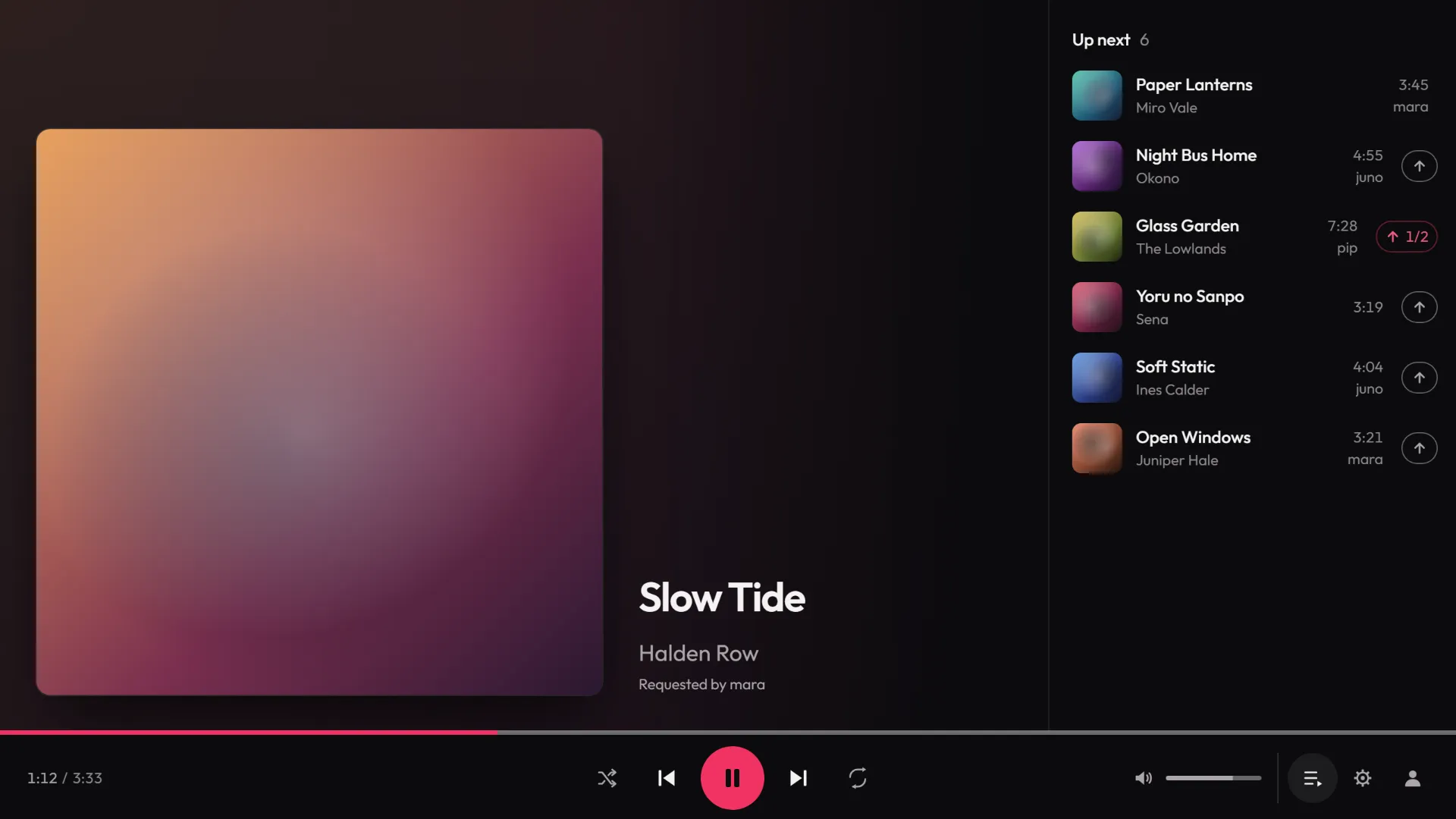 The Vibe player open in a voice channel: a large cover with the title and artist of the song beside it, the queue of what plays next down the right, and one strip of controls along the bottom with the seek bar as its top edge.